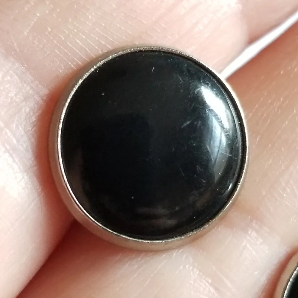 Vintage cuff links black cabochon silver tone metal round domed cufflinks